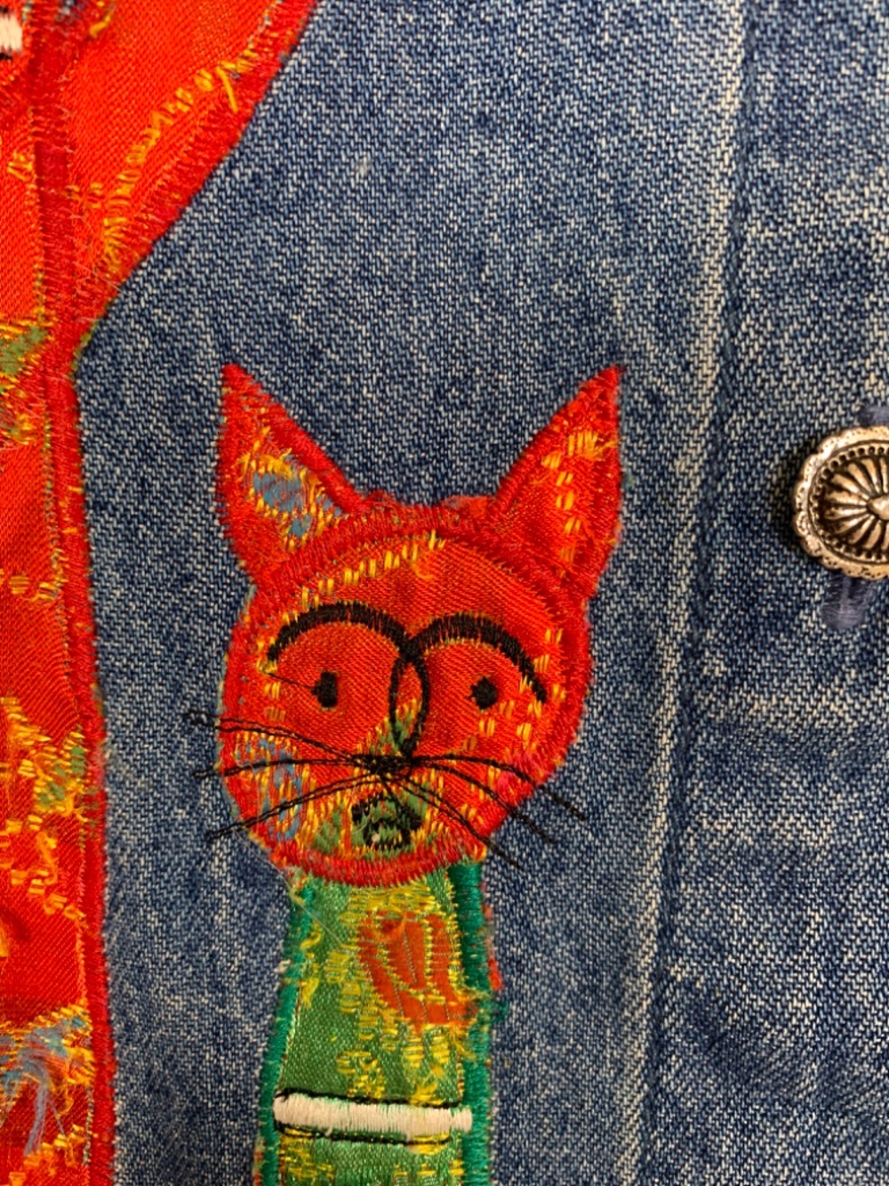 Tantrums Denim Jacket Women's Large Appliqué Cats Asian Flair Whimsical Artsy - Picture 7 of 16